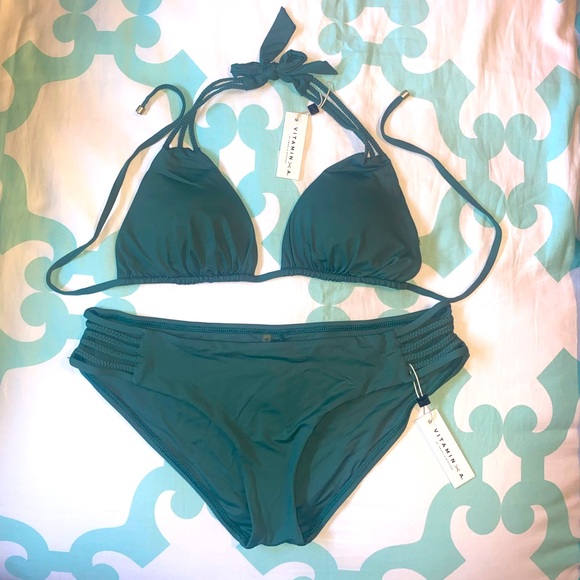 Vitamin A Bikini Top & Bottom - 12/D/XL NWT Sage/Olive Green - Picture 1 of 8
